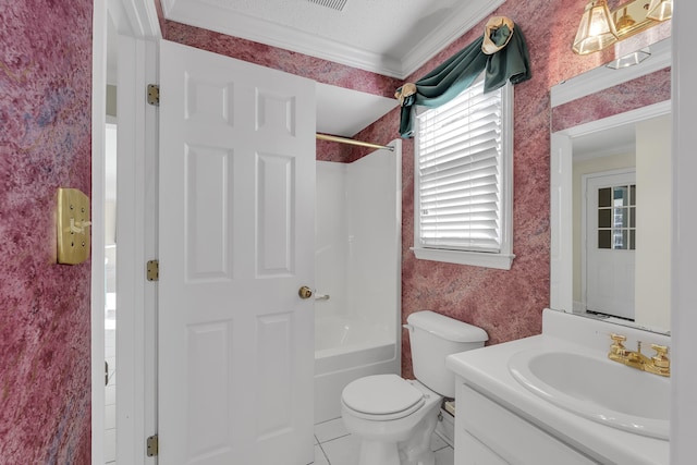 full bathroom with crown molding, vanity, toilet, and shower / bathing tub combination