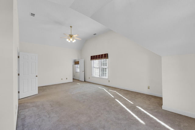 bonus room with high vaulted ceiling, light colored carpet, and ceiling fan