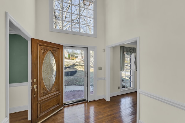 entryway with dark hardwood / wood-style flooring and a high ceiling