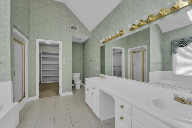 full bathroom with toilet, high vaulted ceiling, vanity, independent shower and bath, and tile patterned flooring