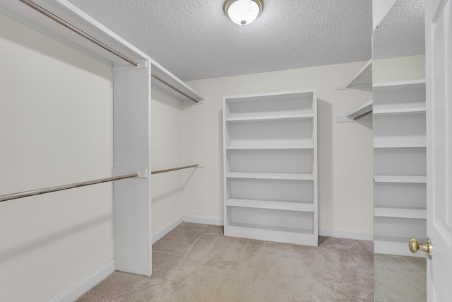 walk in closet featuring light colored carpet