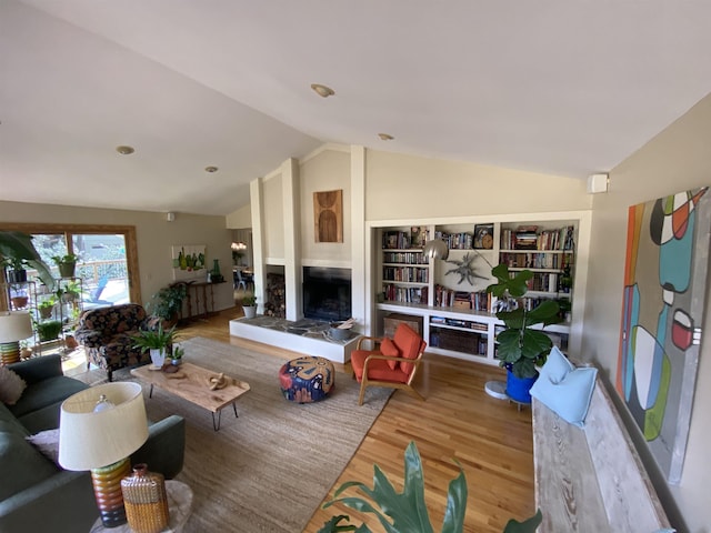 living room featuring lofted ceiling and wood-type flooring