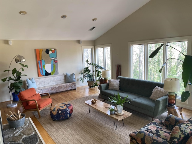 living room featuring hardwood / wood-style flooring and high vaulted ceiling