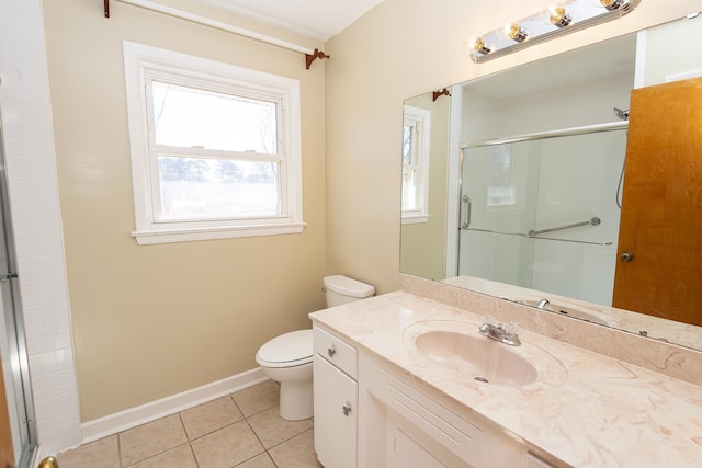 bathroom with walk in shower, vanity, toilet, and tile patterned flooring