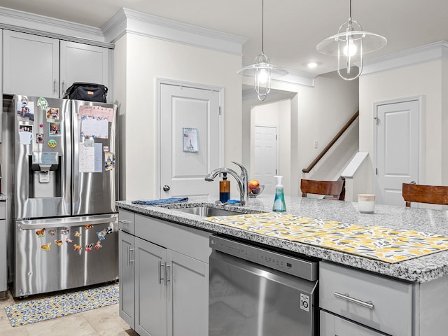kitchen with gray cabinetry, sink, ornamental molding, and stainless steel appliances