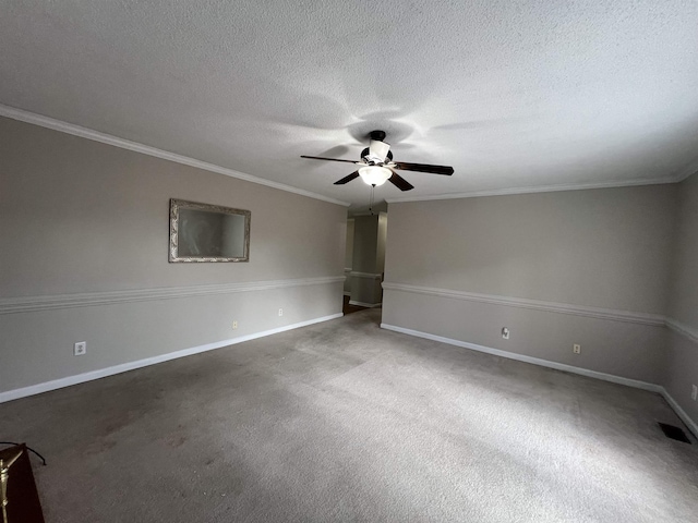 interior space with crown molding, a textured ceiling, ceiling fan, and carpet flooring