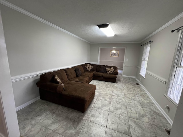 living room with crown molding and a textured ceiling