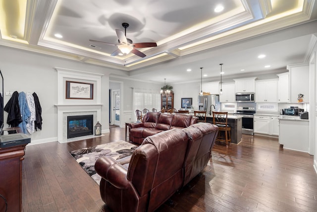 living room featuring a premium fireplace, dark hardwood / wood-style floors, ornamental molding, and a tray ceiling