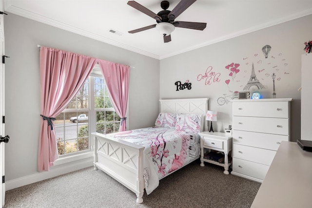 bedroom featuring ornamental molding, carpet, and ceiling fan