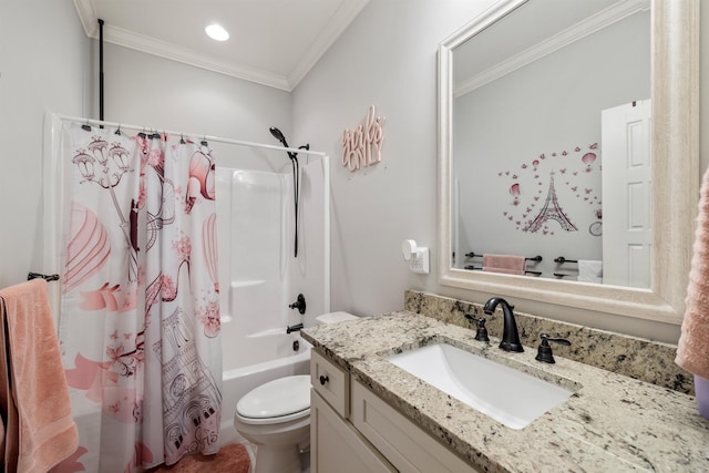 full bathroom with crown molding, vanity, toilet, and shower / bath combo with shower curtain