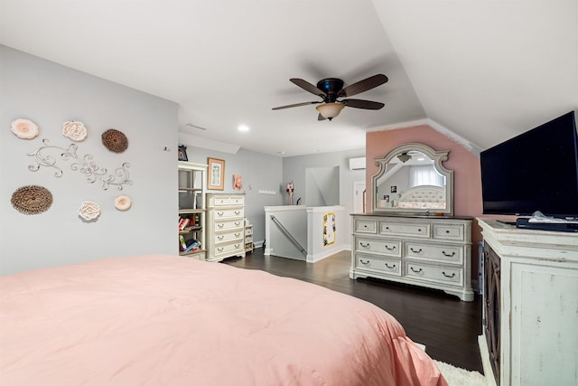 bedroom with vaulted ceiling, dark hardwood / wood-style floors, and ceiling fan