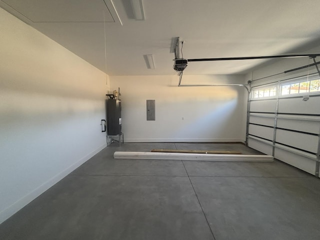 garage featuring water heater, a garage door opener, and electric panel