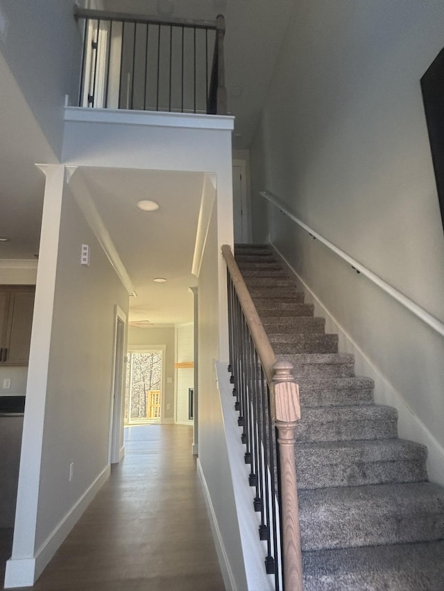 stairway featuring hardwood / wood-style floors