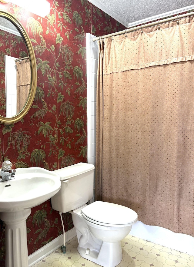 bathroom with crown molding, a textured ceiling, and toilet