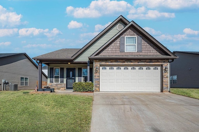 craftsman-style home with central AC, a front lawn, and a porch