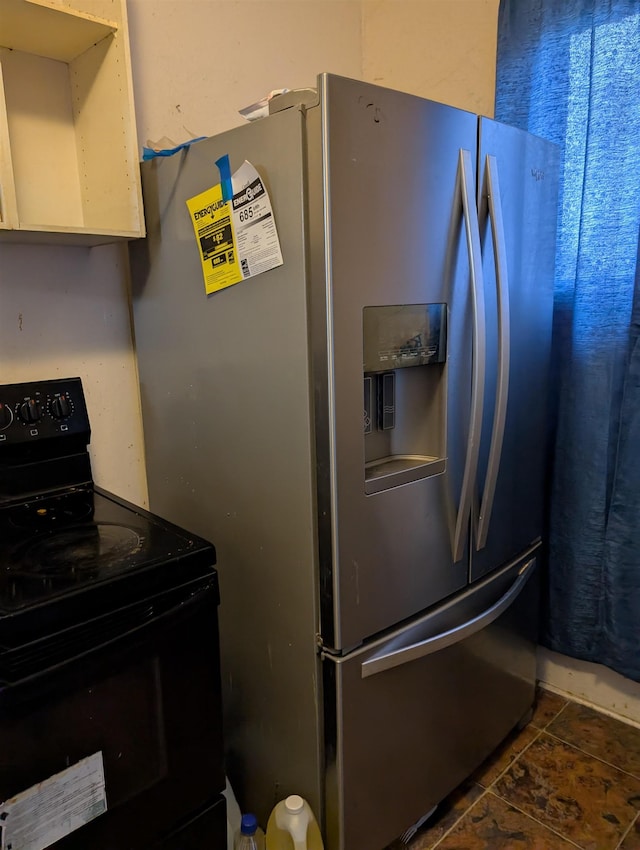 kitchen with stainless steel fridge with ice dispenser and black electric range oven