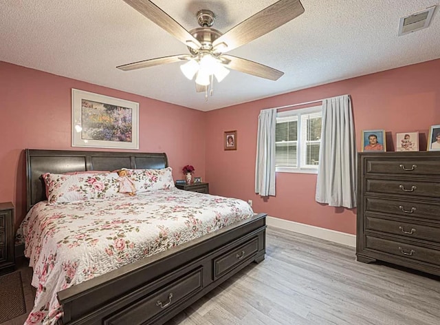 bedroom with ceiling fan, light hardwood / wood-style floors, and a textured ceiling