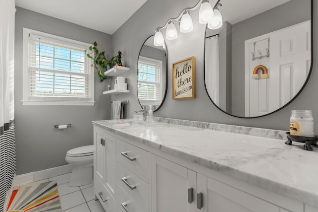 bathroom featuring vanity, toilet, and tile patterned flooring