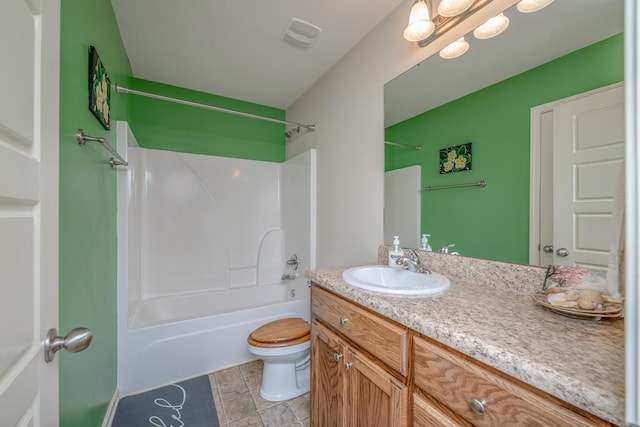 full bathroom with bathing tub / shower combination, vanity, and toilet