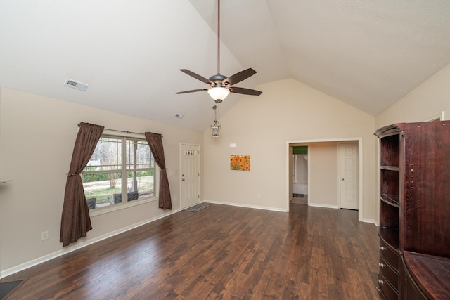 unfurnished living room featuring dark hardwood / wood-style flooring, high vaulted ceiling, and ceiling fan