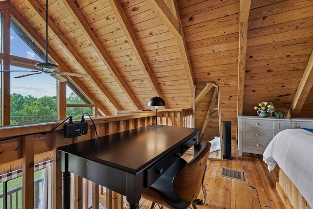 interior space with wooden walls, vaulted ceiling with beams, hardwood / wood-style floors, and wood ceiling