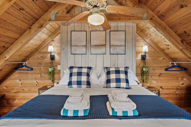 bedroom with wood ceiling, wooden walls, and vaulted ceiling with beams