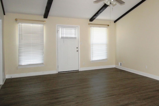 entryway with beam ceiling, dark hardwood / wood-style floors, and ceiling fan