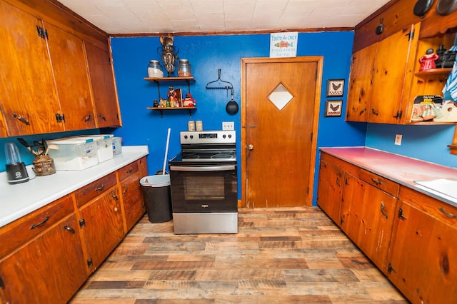 kitchen featuring light hardwood / wood-style flooring and stainless steel electric stove