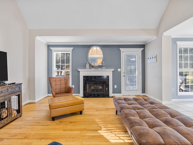 living room with a premium fireplace, vaulted ceiling, light wood-type flooring, and crown molding