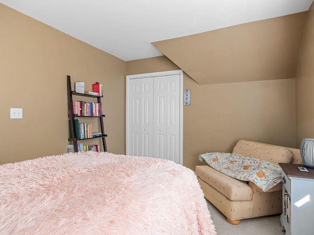 bedroom featuring light colored carpet and a closet