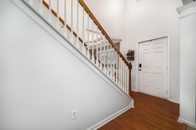 foyer with a high ceiling and dark hardwood / wood-style floors