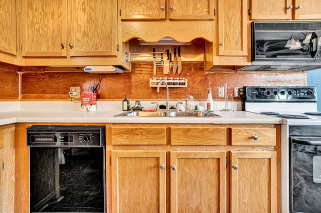 kitchen featuring sink, black appliances, and decorative backsplash