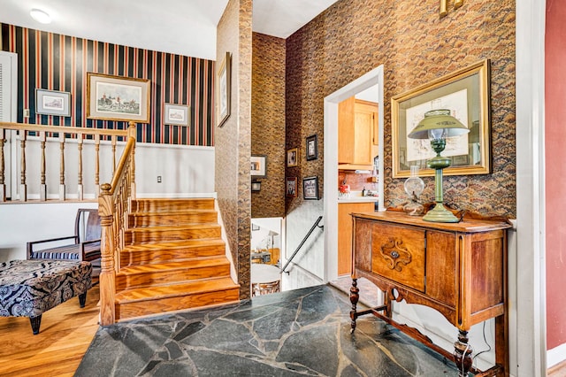 stairway with wood-type flooring