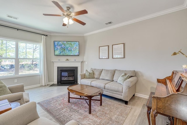 living room with ceiling fan, ornamental molding, and light hardwood / wood-style floors