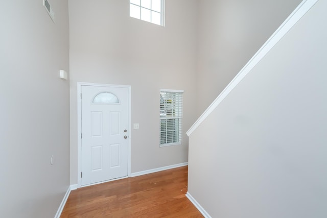 entryway with light hardwood / wood-style flooring, a towering ceiling, and a healthy amount of sunlight