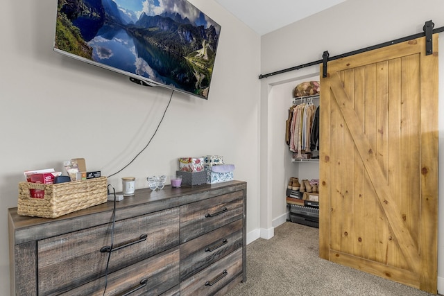 bedroom featuring carpet and a barn door