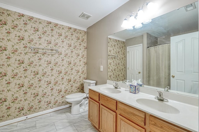 bathroom with toilet, vanity, walk in shower, and crown molding