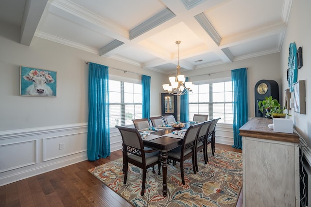 dining area with a wealth of natural light, beamed ceiling, and dark wood-type flooring