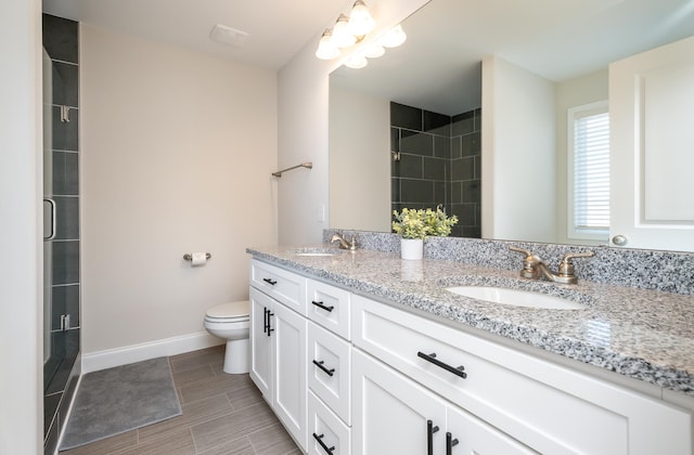 bathroom featuring toilet, vanity, and a shower with shower door