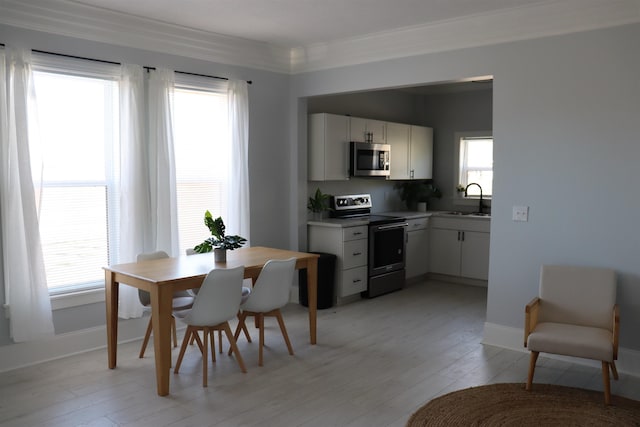 dining space featuring sink, crown molding, a wealth of natural light, and light hardwood / wood-style flooring