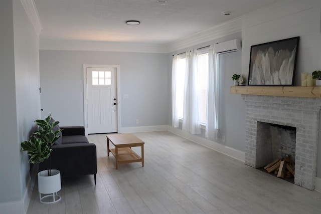 living room featuring a fireplace, crown molding, a wealth of natural light, and hardwood / wood-style floors