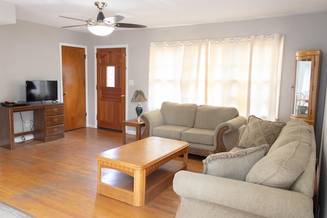 living room with ceiling fan and wood-type flooring