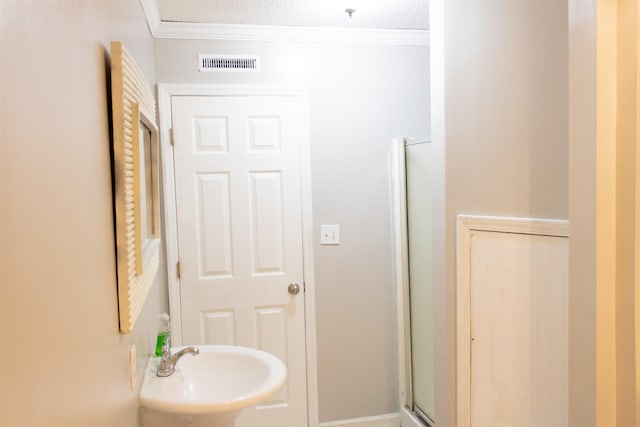 bathroom with sink, crown molding, and a textured ceiling