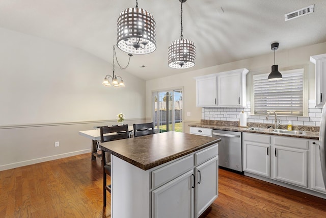 kitchen with sink, a kitchen island, white cabinets, and dishwasher