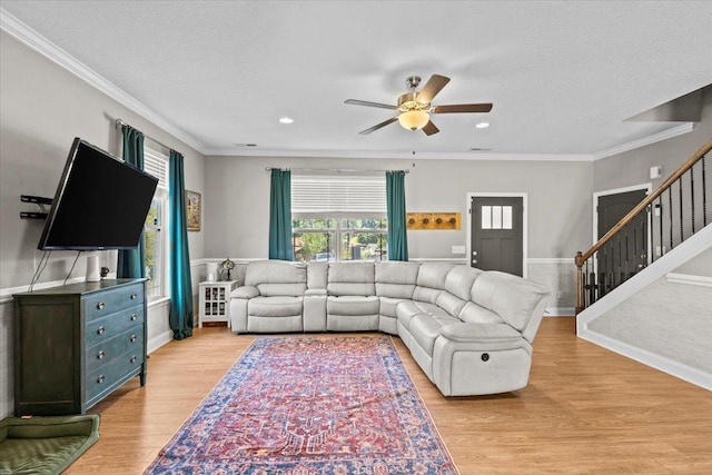 living room featuring ceiling fan, ornamental molding, light wood-type flooring, and a textured ceiling