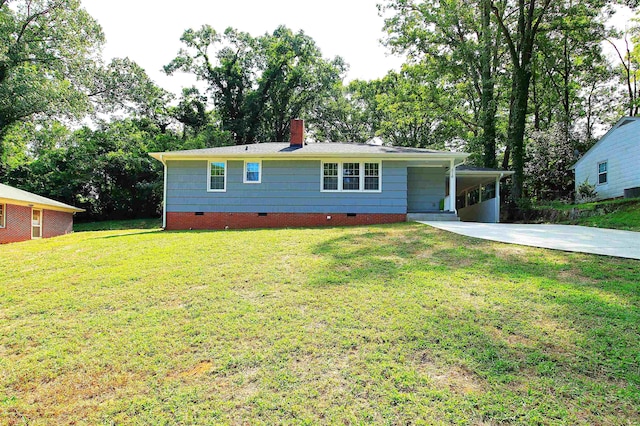 ranch-style house with crawl space, a front lawn, concrete driveway, a chimney, and a carport