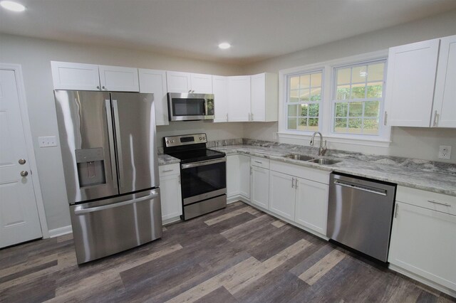 kitchen featuring a sink, light stone counters, appliances with stainless steel finishes, dark wood-type flooring, and white cabinetry