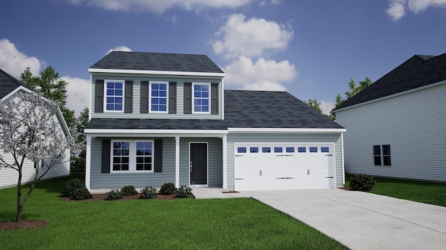 view of front facade with a front yard, concrete driveway, and an attached garage