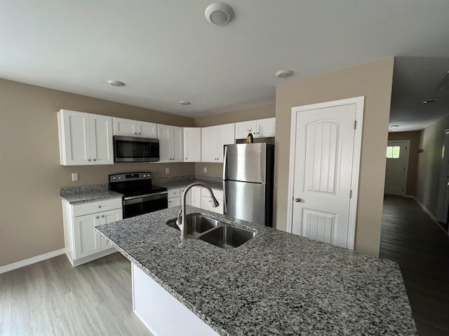 kitchen featuring appliances with stainless steel finishes, stone counters, white cabinetry, and a sink