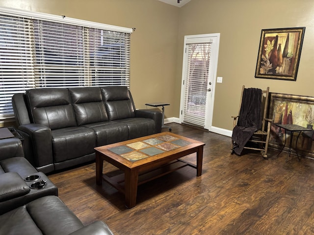 living area featuring dark wood-type flooring, lofted ceiling, and baseboards